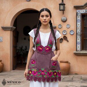 Pink Mexican Embroidered Apron – Premium Cotton Blend Apron with Fucsia Floral